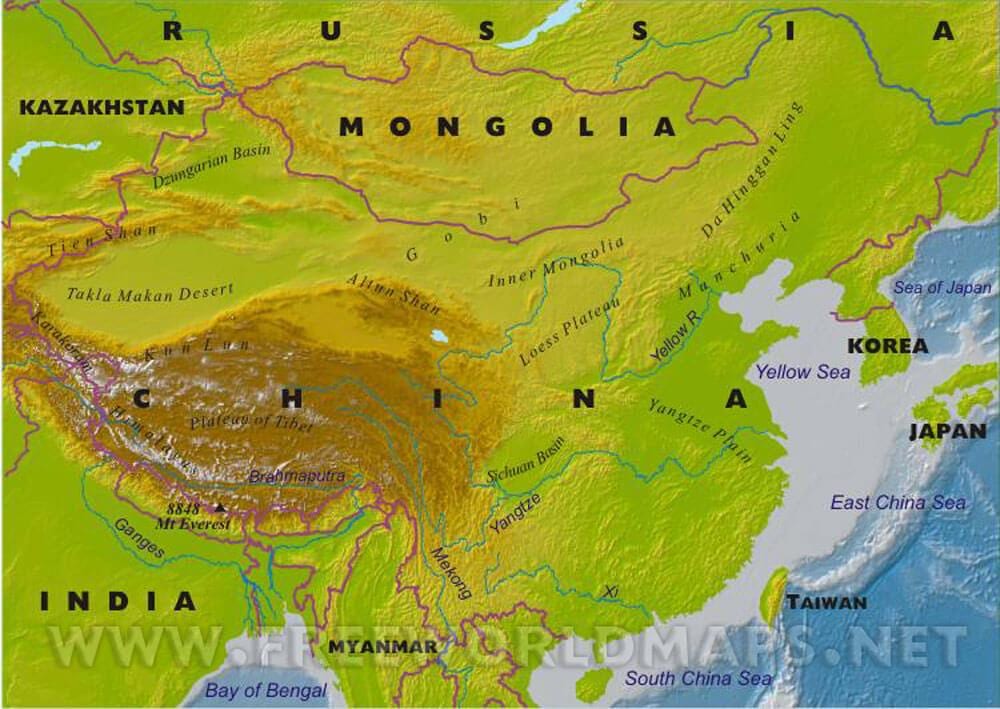 ประเทศจีนแผนที่ทางกายภาพ