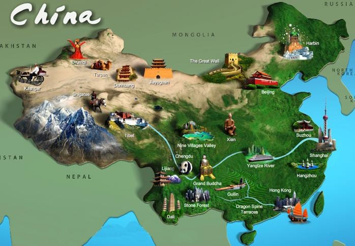แผนที่ของประเทศจีนนักท่องเที่ยวหน่อย attractions