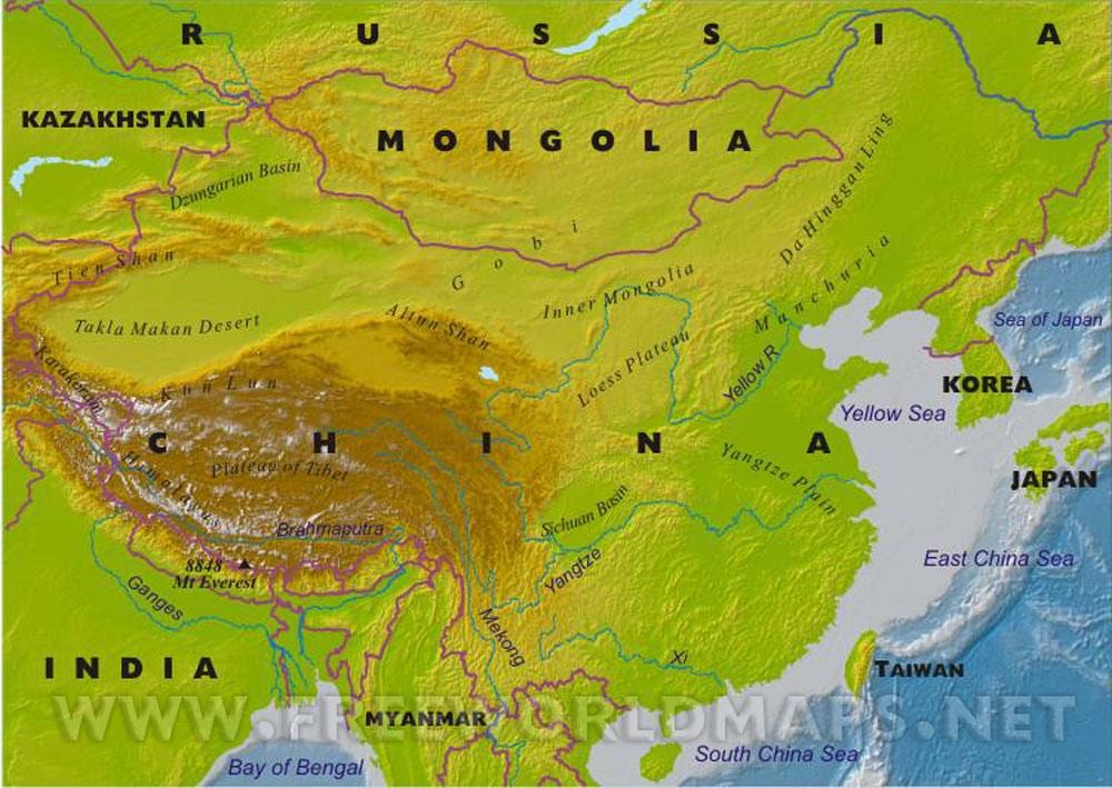 แผนที่ของประเทศจีนกับคุณสมบัติต่างๆ geographic