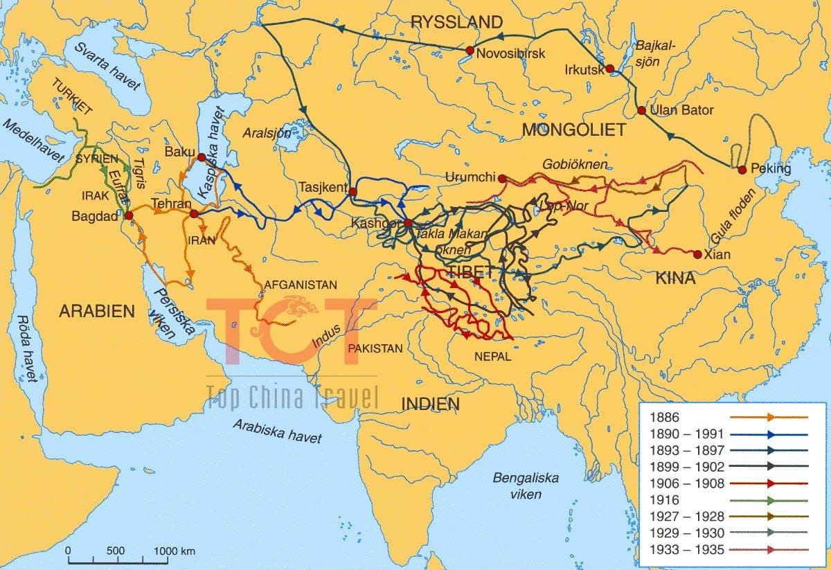 แผนที่ของผ้าไหมถนนในประเทศจีนโบราณ